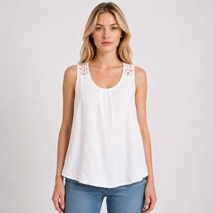 TERZO MILLENIO White Linen Blouse Made in Italy Size Medium Lace Insert